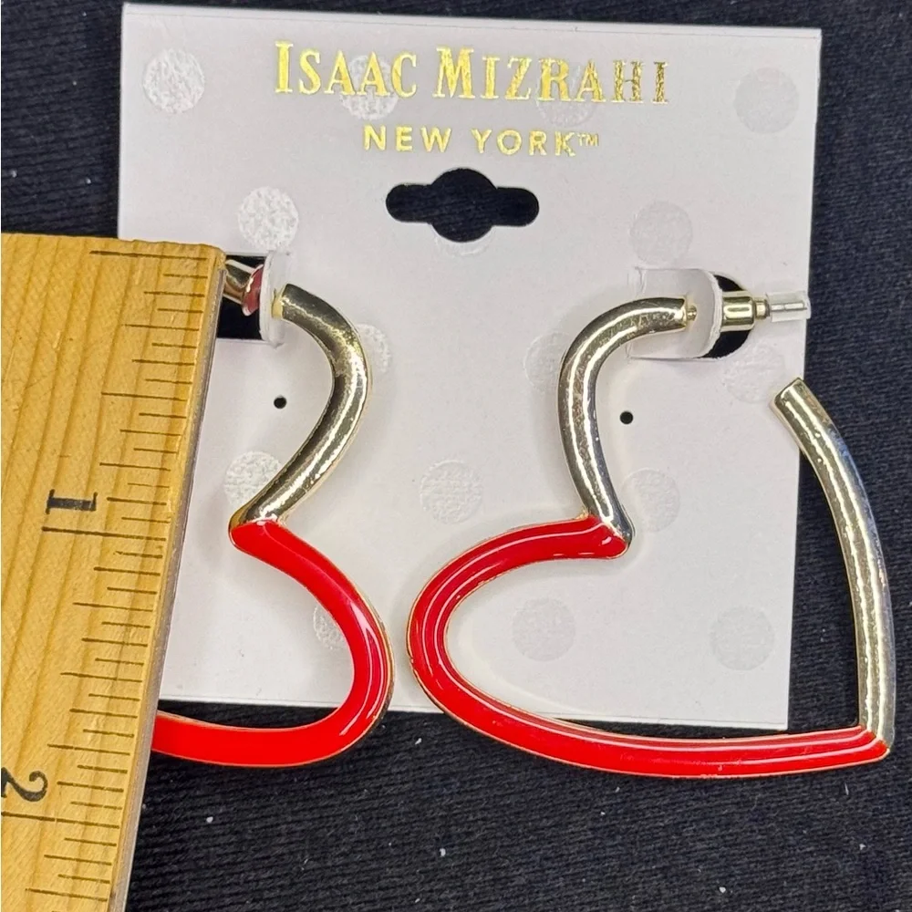 Isaac Mizrahi Red and Gold Tone Heart Hoop Earrings 1.75 in approx - Picture 4 of 4